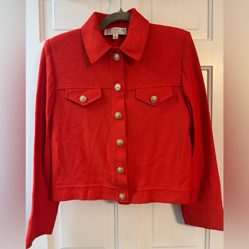 Vintage St John Collection Red Knit Jacket Gold Buttons Size 8 USA